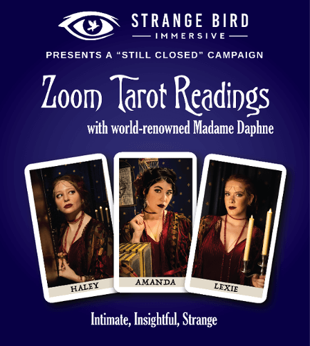 Poster for virtual immersive theatre scene Madame Daphne Zoom Tarot Readings